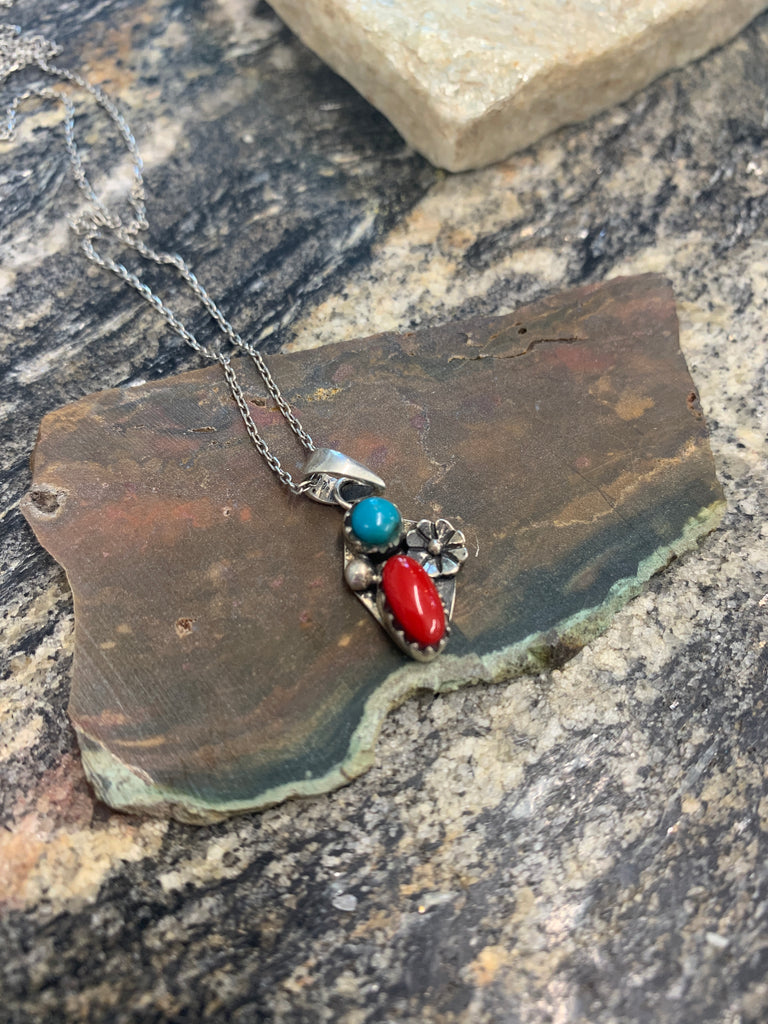 Sterling Silver Flower Pendant w/ Turquoise & Red Coral